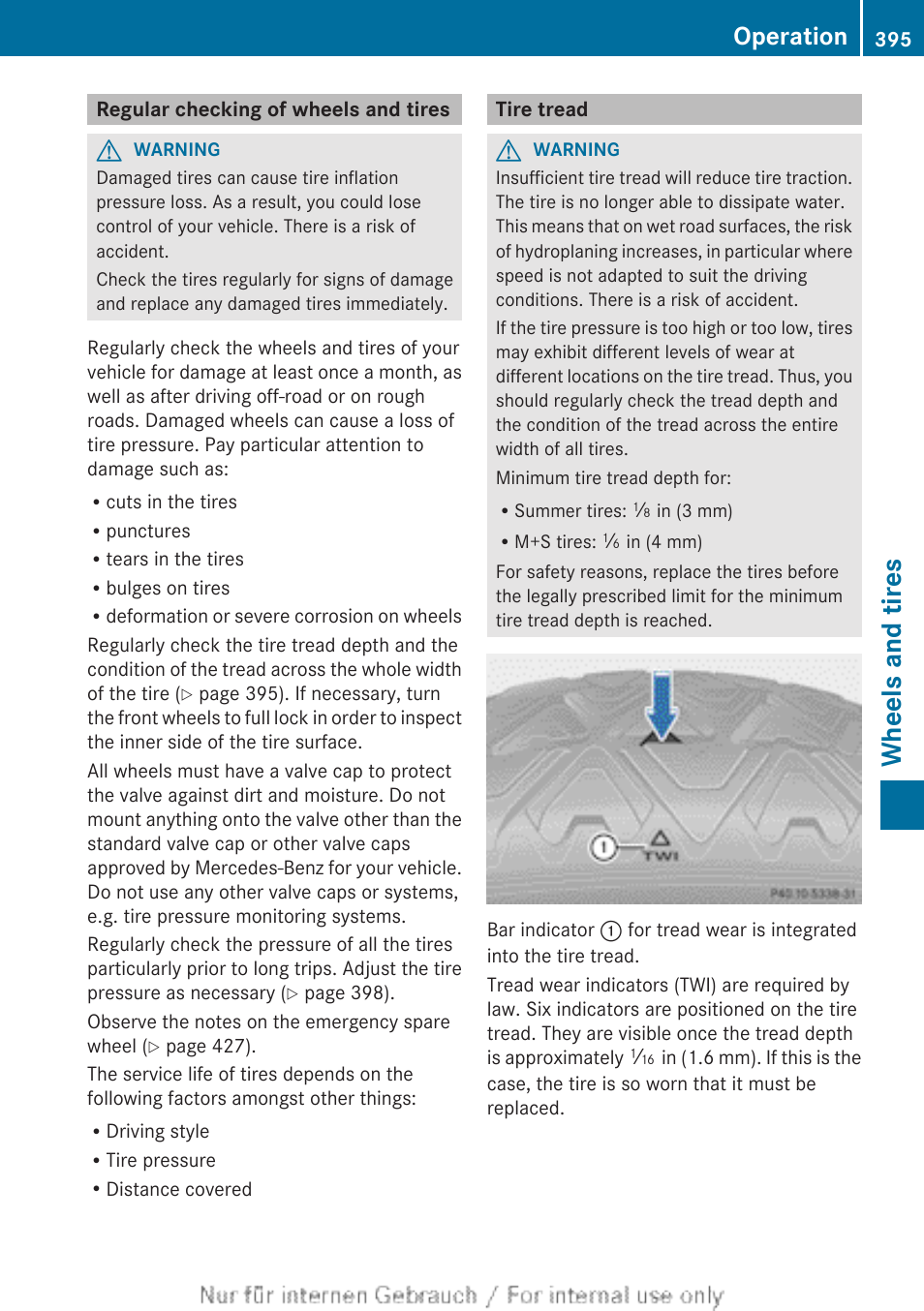 Regular checking of wheels and tires, Tire tread, Wheels and tires | Operation | Mercedes-Benz 2013 GL Class User Manual | Page 397 / 448