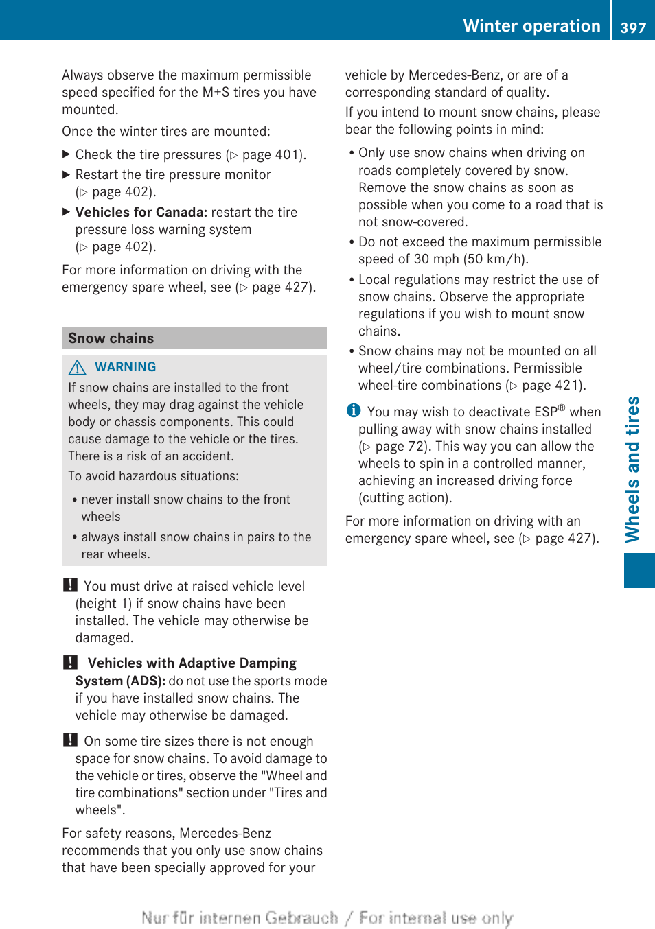 Snow chains, Snow chains, see, Wheels and tires | Winter operation | Mercedes-Benz 2013 GL Class User Manual | Page 399 / 448