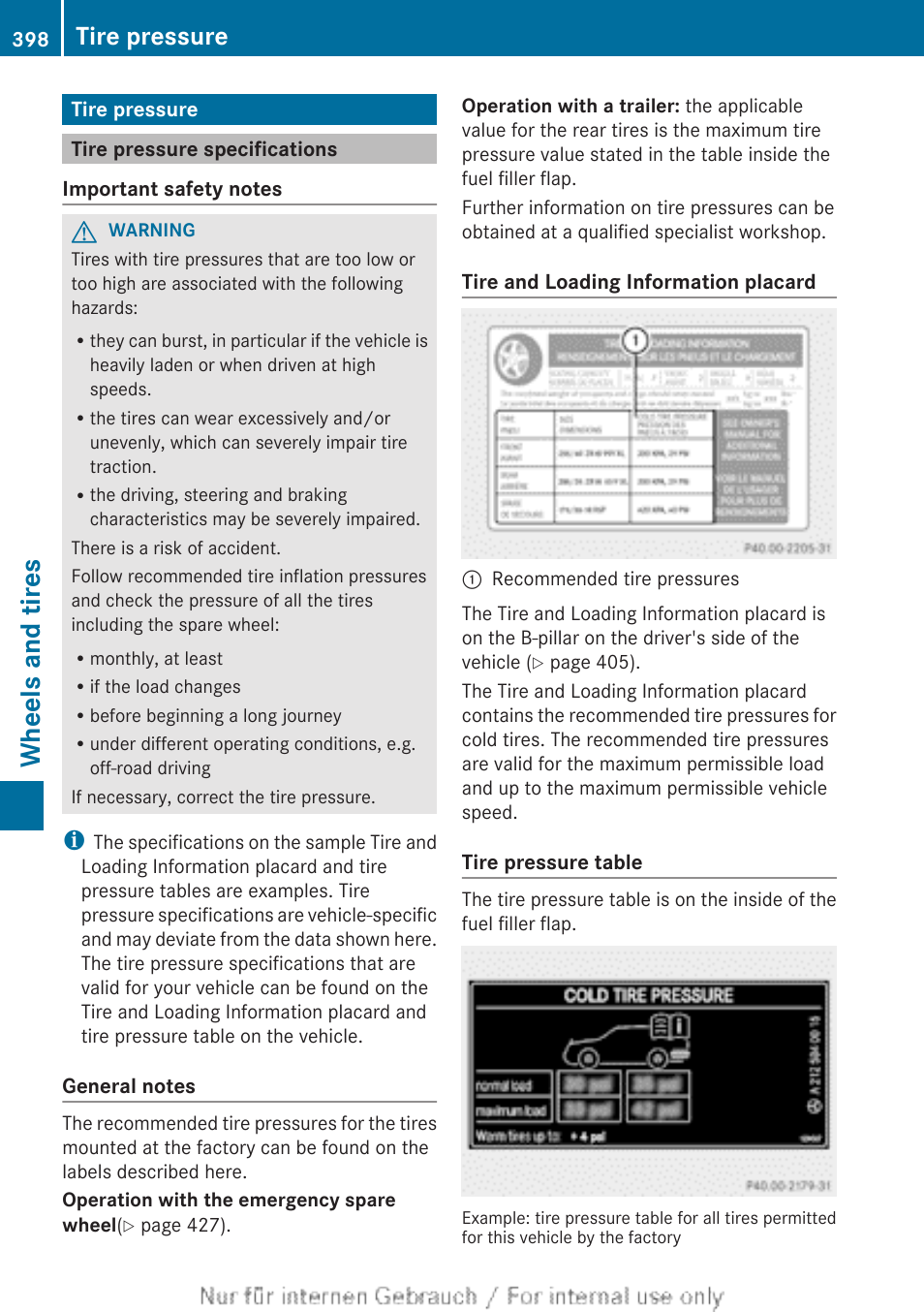 Tire pressure, Tire pressure specifications, Under "tire pressure | Pressure as necessary, Wheels and tires | Mercedes-Benz 2013 GL Class User Manual | Page 400 / 448