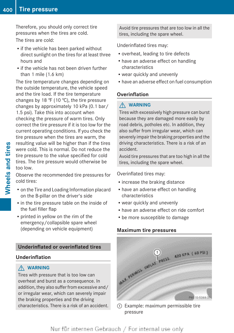 Underinflated or overinflated tires, Wheels and tires, Tire pressure | Mercedes-Benz 2013 GL Class User Manual | Page 402 / 448