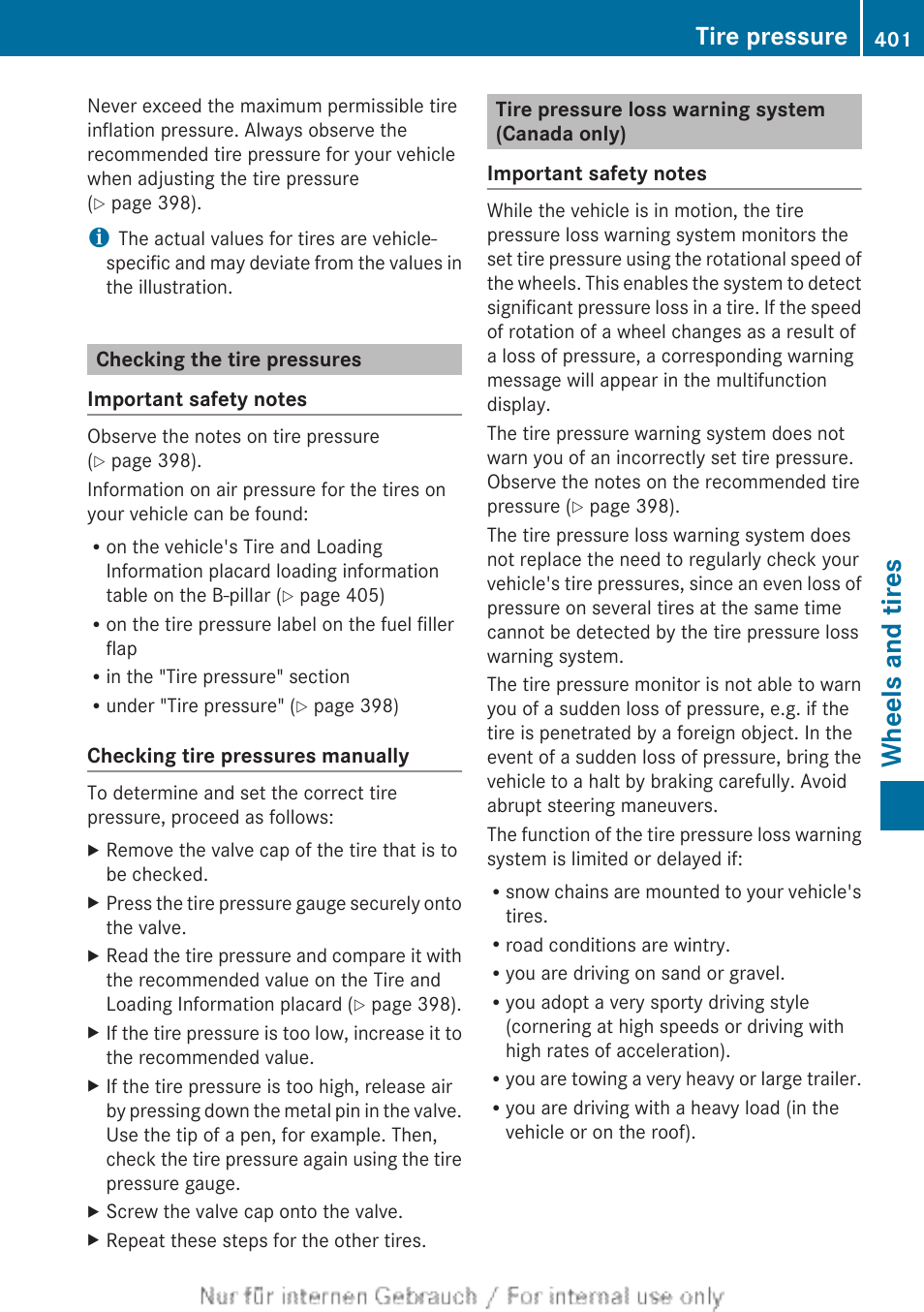 Checking the tire pressures, Tire pressure loss warning system (canada only), Check the tire pressures | Wheels and tires, Tire pressure | Mercedes-Benz 2013 GL Class User Manual | Page 403 / 448