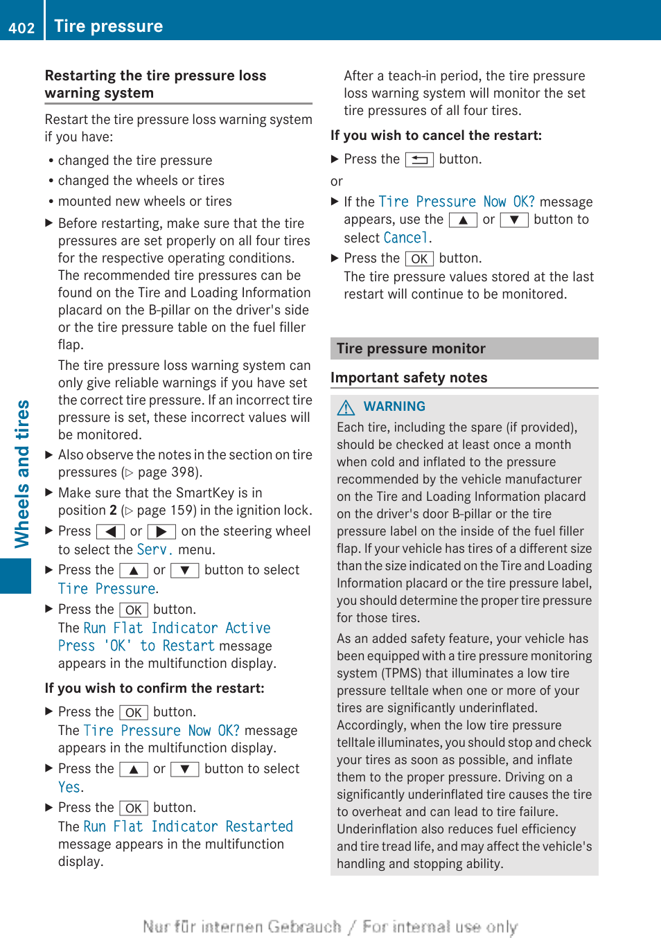 Tire pressure monitor, System, Pressure is correct | Restart the tire pressure loss warning system, Check the tire pressure, Check the tire pressures at the next opportunity, Wheels and tires, Tire pressure | Mercedes-Benz 2013 GL Class User Manual | Page 404 / 448