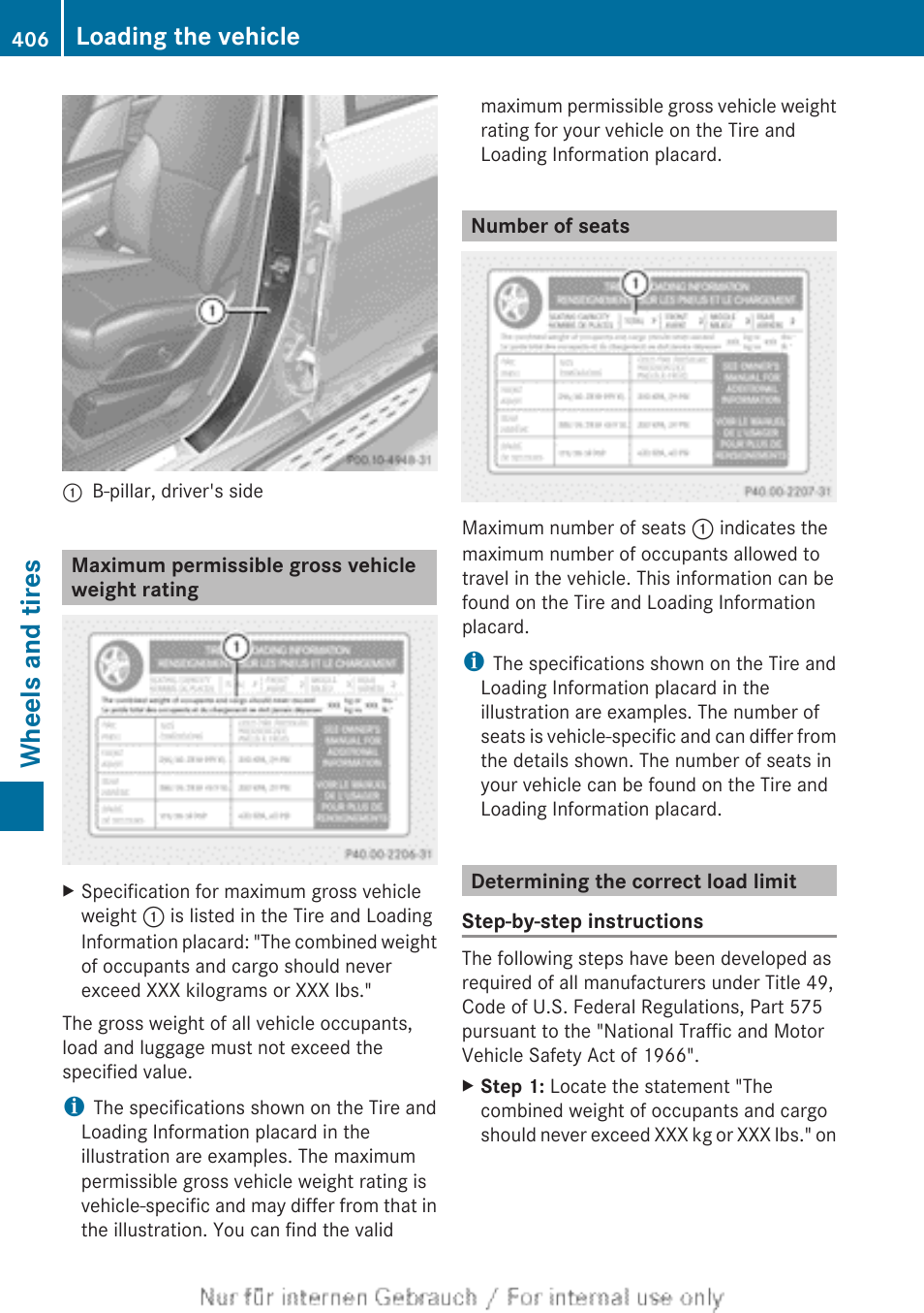 Maximum permissible gross vehicle weight rating, Number of seats, Determining the correct load limit | Wheels and tires, Loading the vehicle | Mercedes-Benz 2013 GL Class User Manual | Page 408 / 448