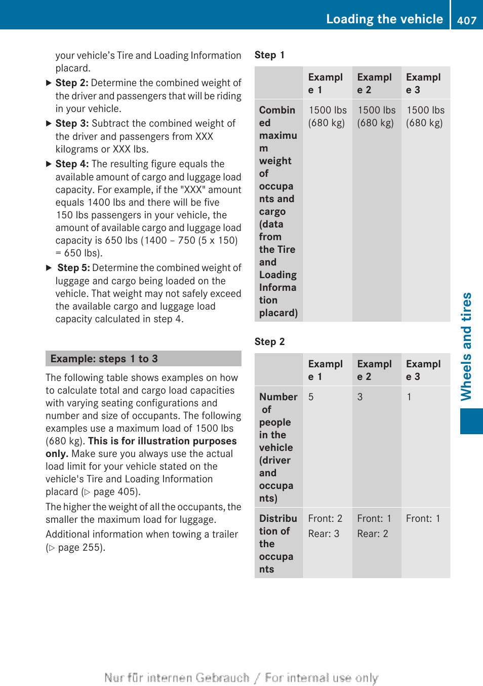 Example: steps 1 to 3, Wheels and tires, Loading the vehicle | Mercedes-Benz 2013 GL Class User Manual | Page 409 / 448