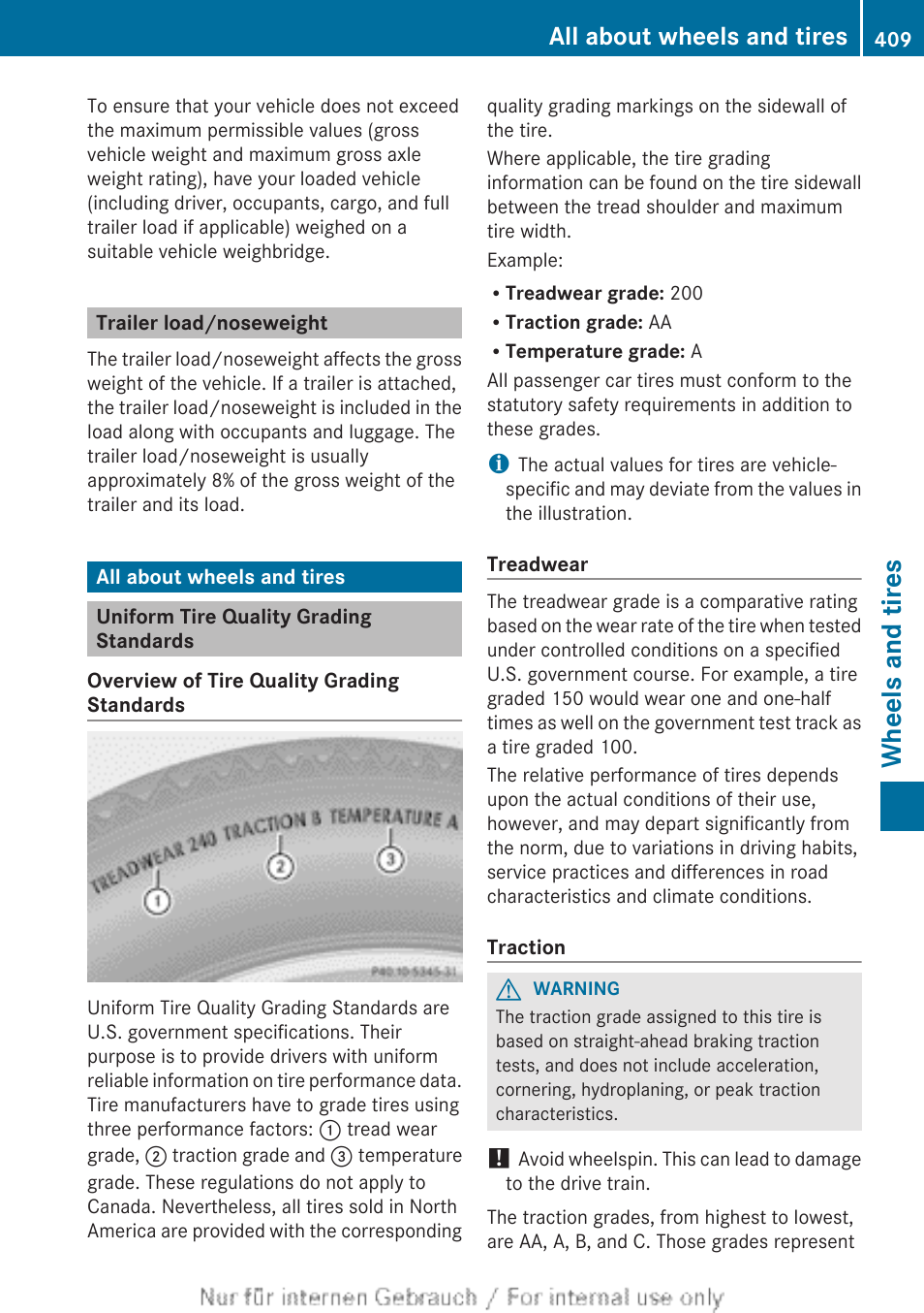 Trailer load/noseweight, All about wheels and tires, Uniform tire quality grading standards | Wheels and tires | Mercedes-Benz 2013 GL Class User Manual | Page 411 / 448