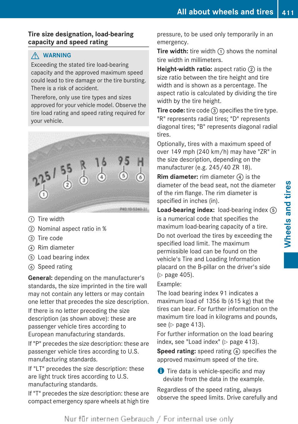 Capacity and speed index, Wheels and tires, All about wheels and tires | Mercedes-Benz 2013 GL Class User Manual | Page 413 / 448