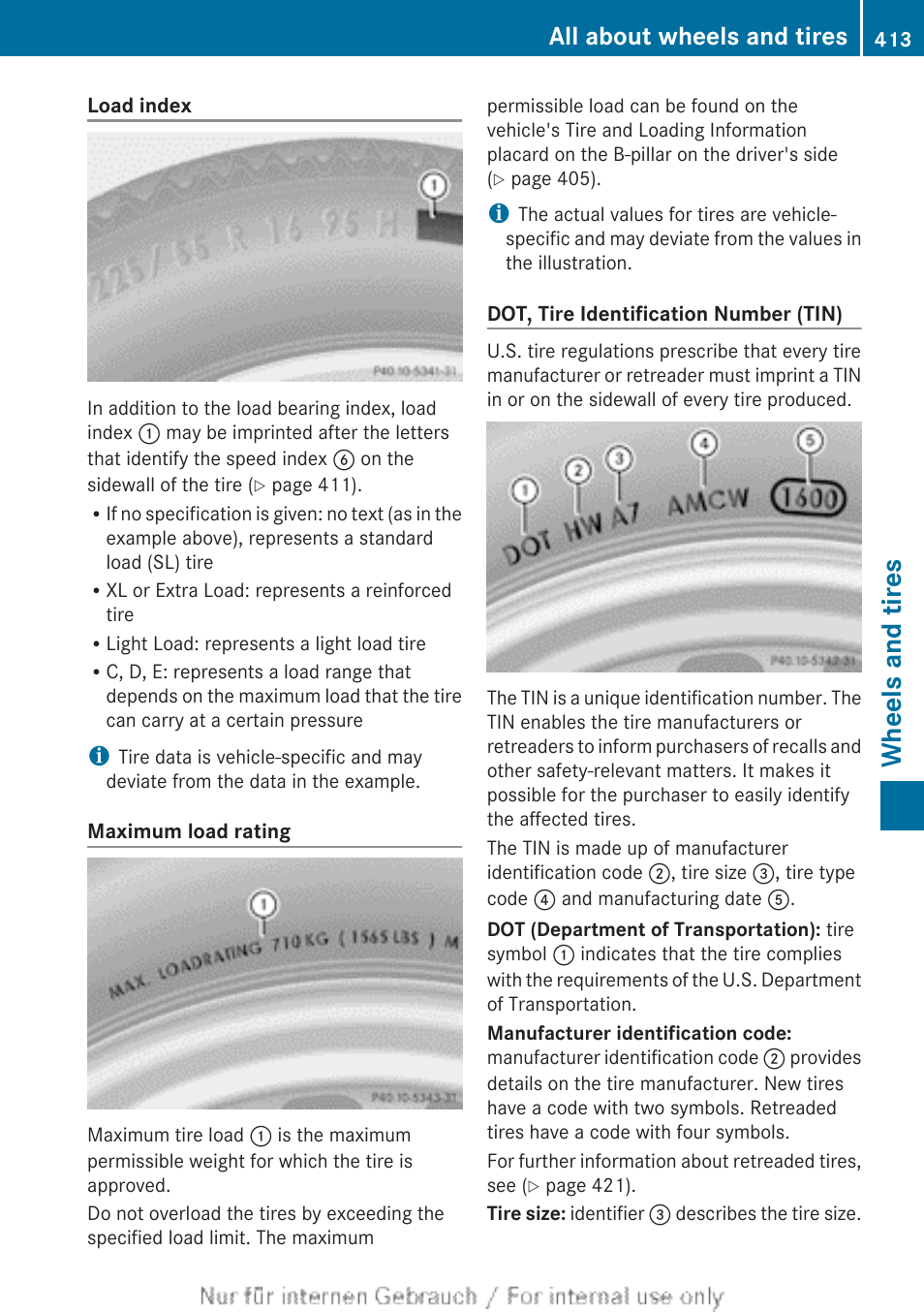 Maximum tire load, Load index, Index, see "load index | Wheels and tires, All about wheels and tires | Mercedes-Benz 2013 GL Class User Manual | Page 415 / 448