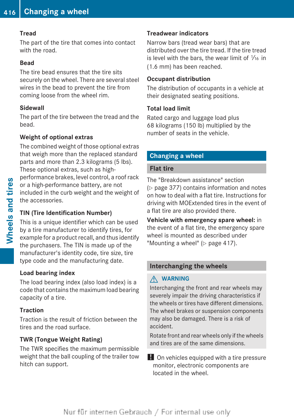 Changing a wheel, Flat tire, Interchanging the wheels | Section, Wheels and tires | Mercedes-Benz 2013 GL Class User Manual | Page 418 / 448