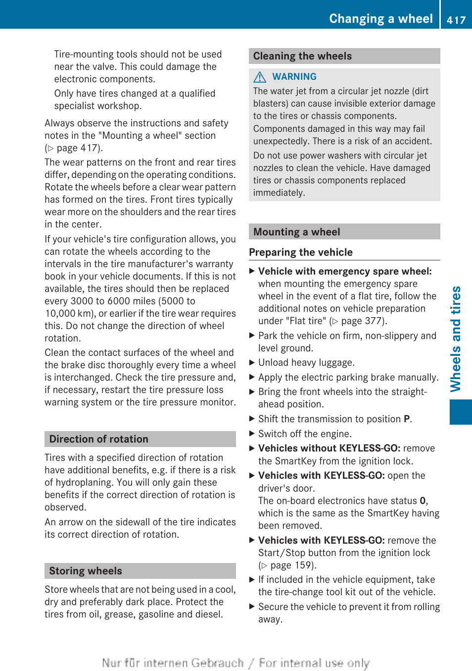 Direction of rotation, Storing wheels, Cleaning the wheels | Mounting a wheel, Wheels and tires, Changing a wheel | Mercedes-Benz 2013 GL Class User Manual | Page 419 / 448