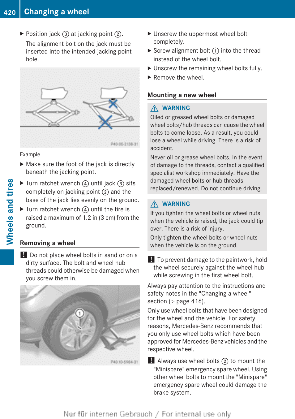 Wheels and tires, Changing a wheel | Mercedes-Benz 2013 GL Class User Manual | Page 422 / 448