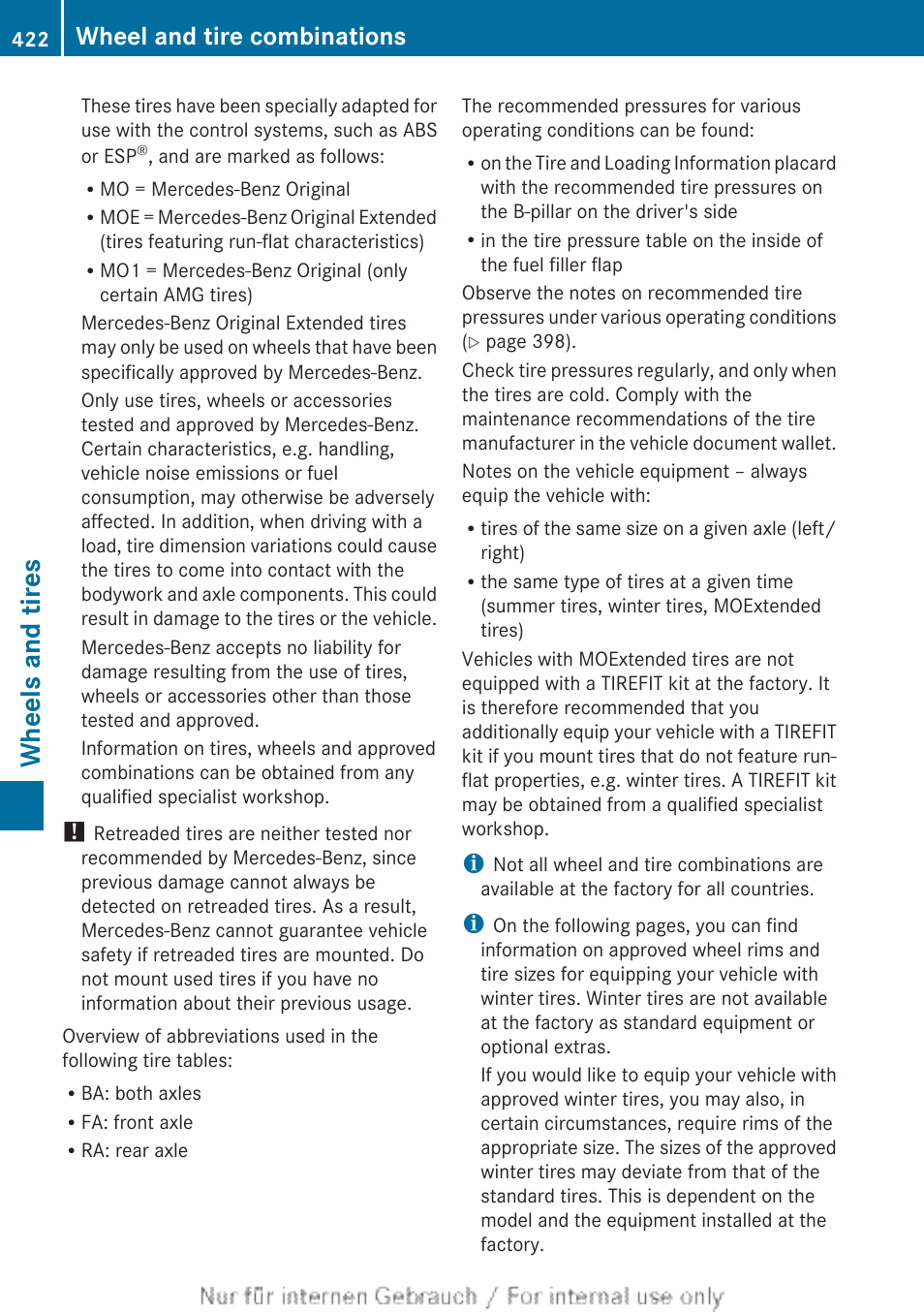 Wheels and tires, Wheel and tire combinations | Mercedes-Benz 2013 GL Class User Manual | Page 424 / 448