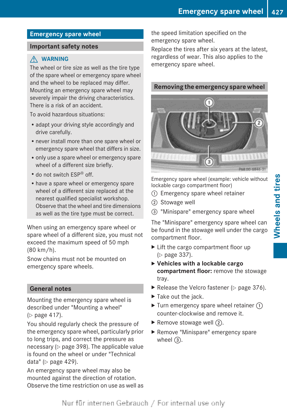 Emergency spare wheel, Important safety notes, General notes | Removing the emergency spare wheel, Countries), Wheel, Emergency spare wheel, see, Wheels and tires | Mercedes-Benz 2013 GL Class User Manual | Page 429 / 448