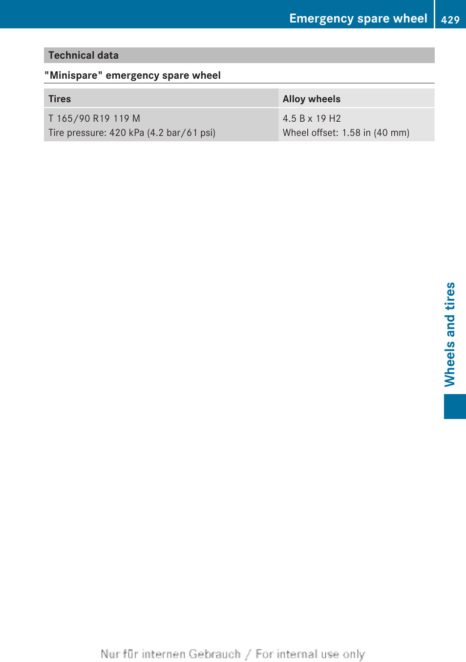 Technical data, Data, Wheels and tires | Emergency spare wheel | Mercedes-Benz 2013 GL Class User Manual | Page 431 / 448