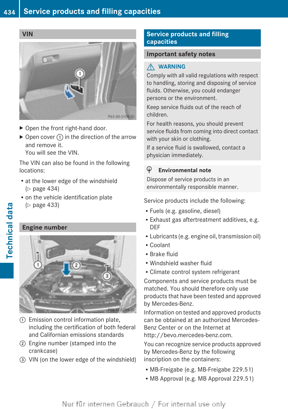 Engine number, Service products and filling capacities, Important safety notes | Service products and filling capaci, Ties, Number, Technical data | Mercedes-Benz 2013 GL Class User Manual | Page 436 / 448