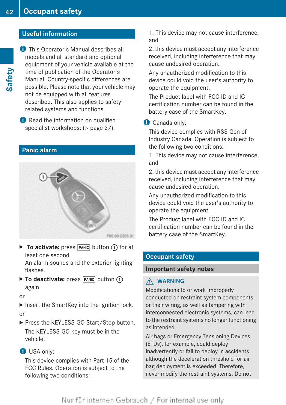 Safety, Useful information, Panic alarm | Occupant safety, Important safety notes, Useful information panic alarm occupant safety | Mercedes-Benz 2013 GL Class User Manual | Page 44 / 448