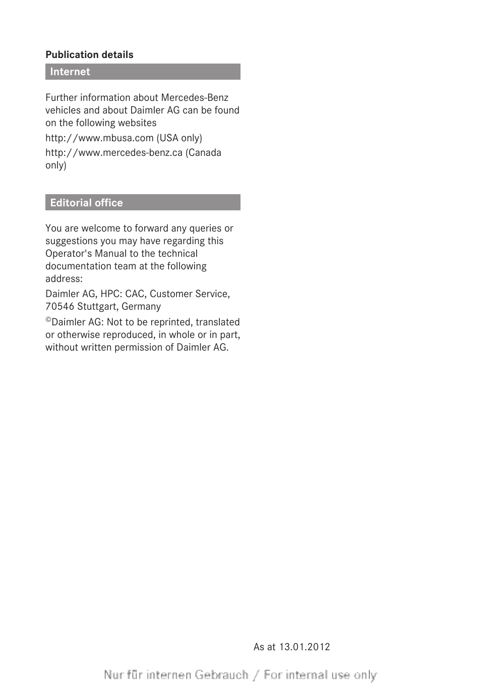 Internet, Editorial office | Mercedes-Benz 2013 GL Class User Manual | Page 447 / 448