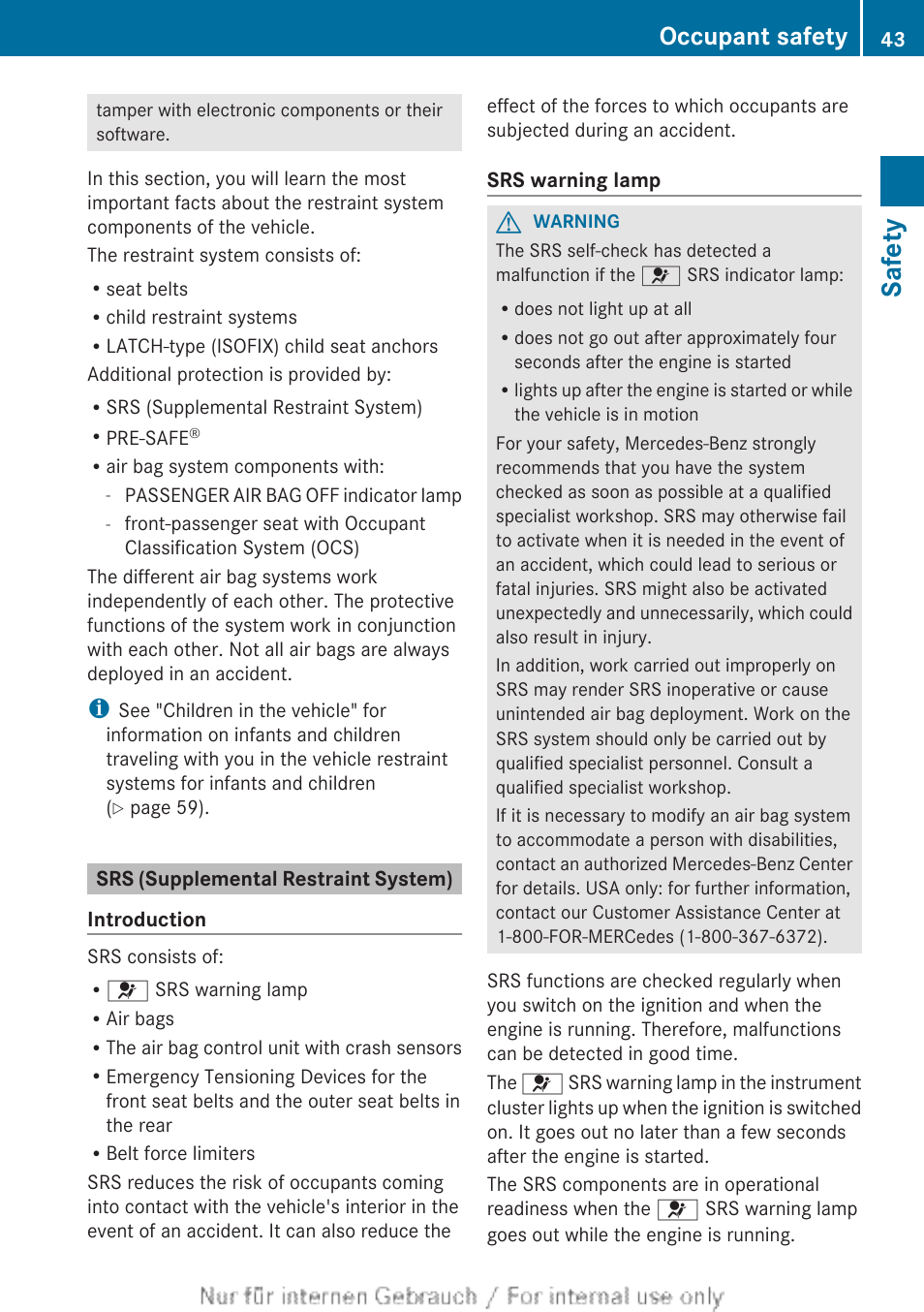 Srs (supplemental restraint system), Safety, Occupant safety | Mercedes-Benz 2013 GL Class User Manual | Page 45 / 448