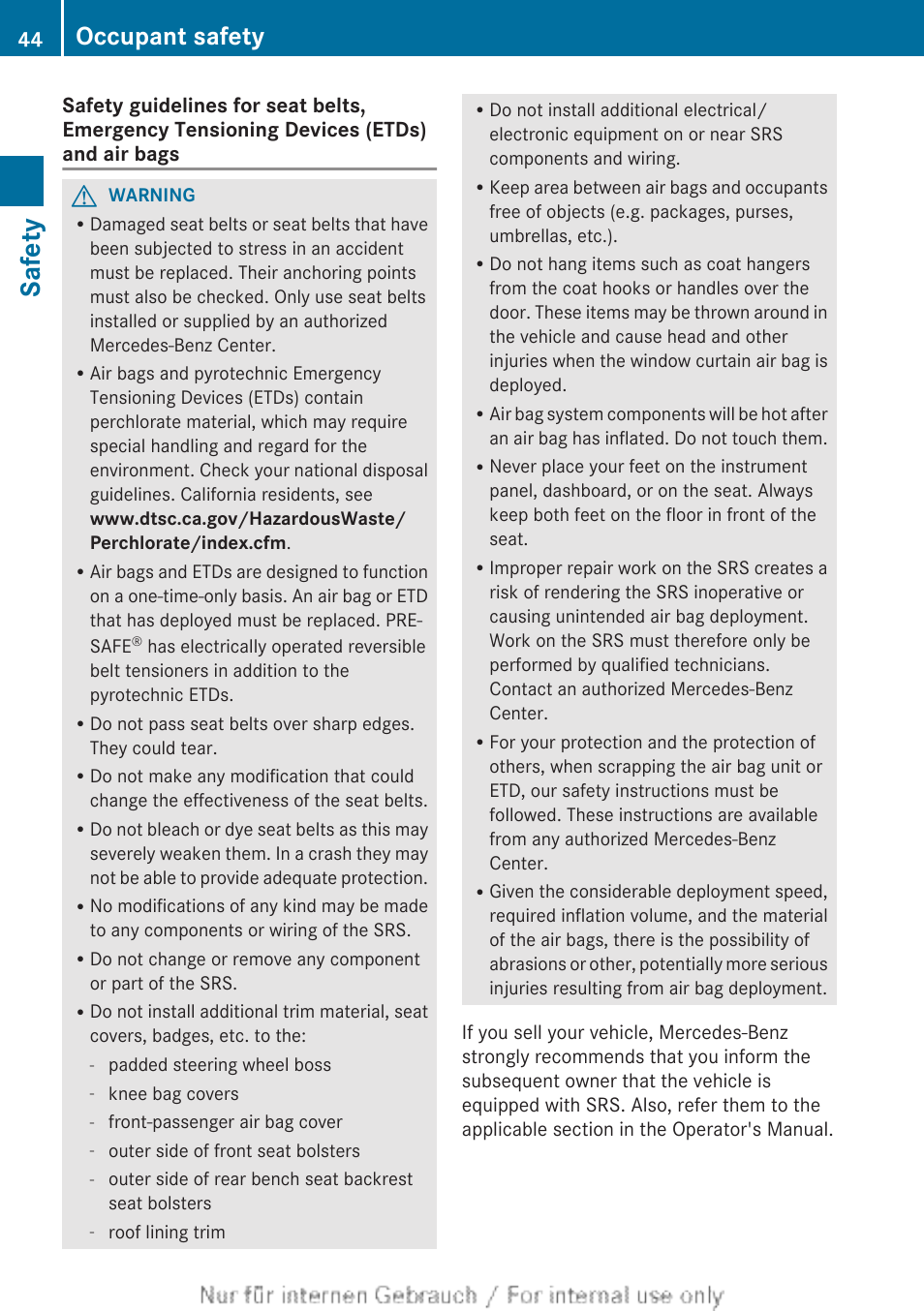 Safety, Occupant safety | Mercedes-Benz 2013 GL Class User Manual | Page 46 / 448