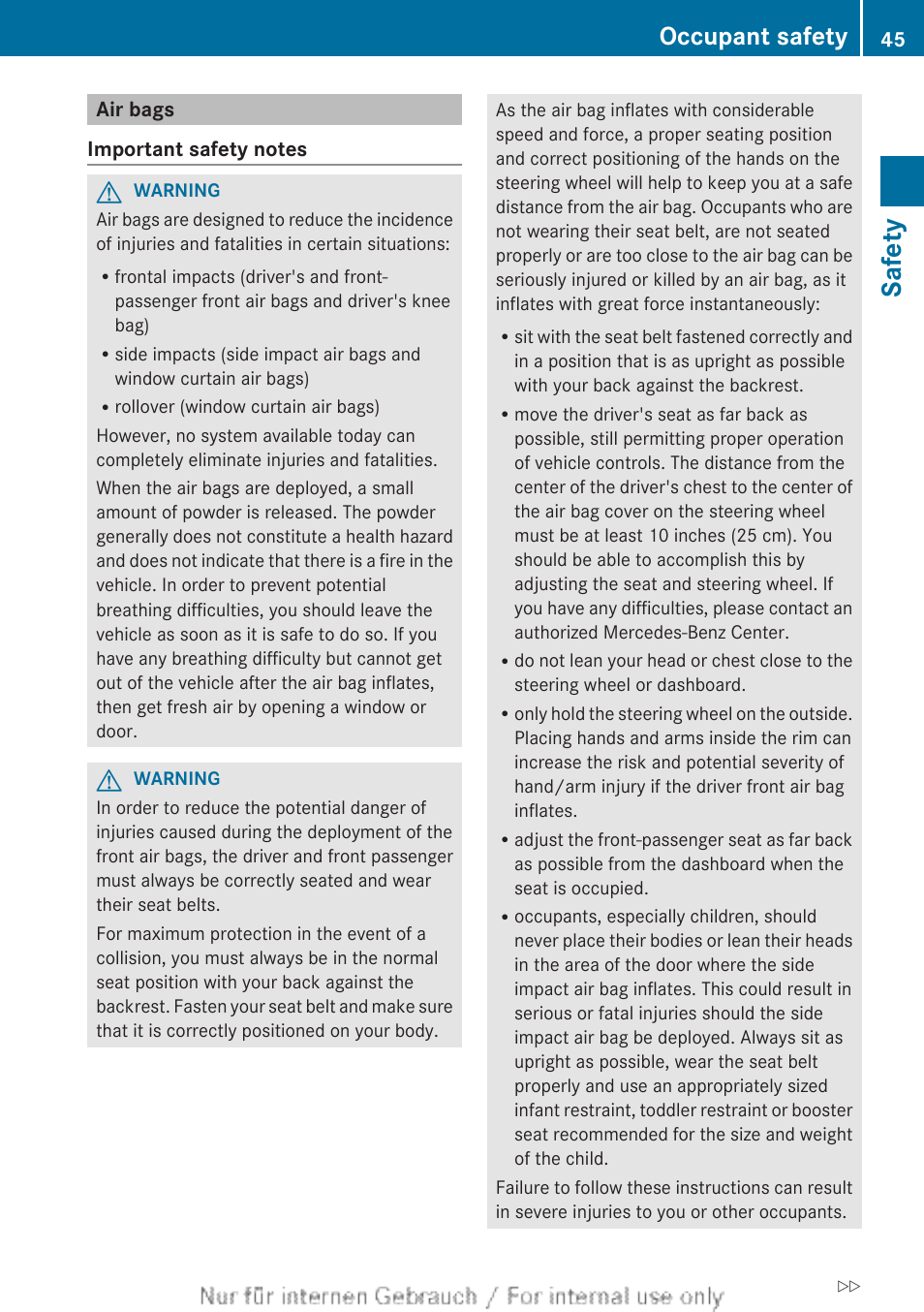 Air bags, Safety, Occupant safety | Mercedes-Benz 2013 GL Class User Manual | Page 47 / 448