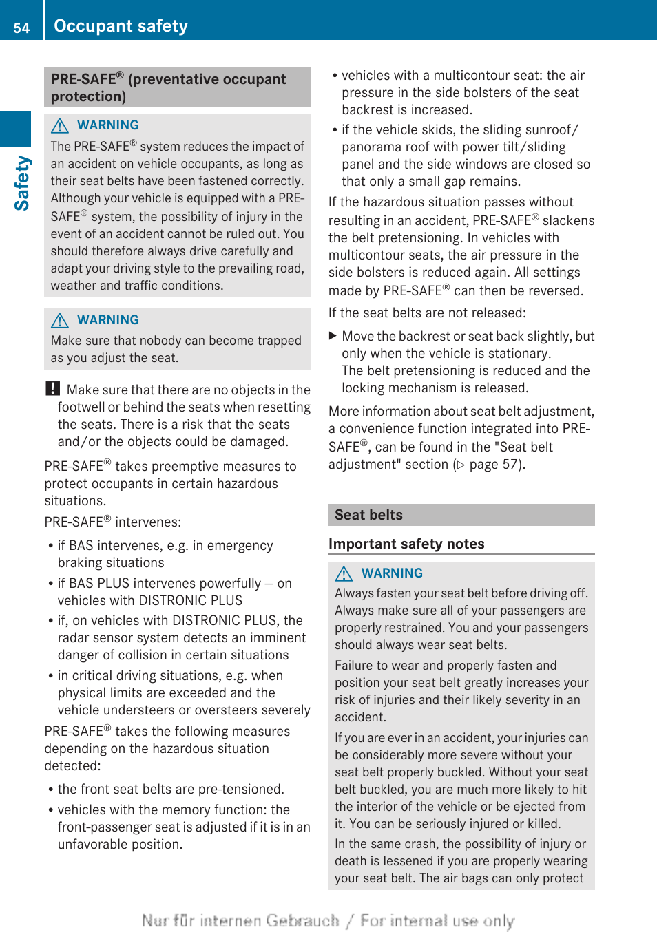 Pre-safe® (preventative occupant protection), Seat belts, Safety | Occupant safety | Mercedes-Benz 2013 GL Class User Manual | Page 56 / 448