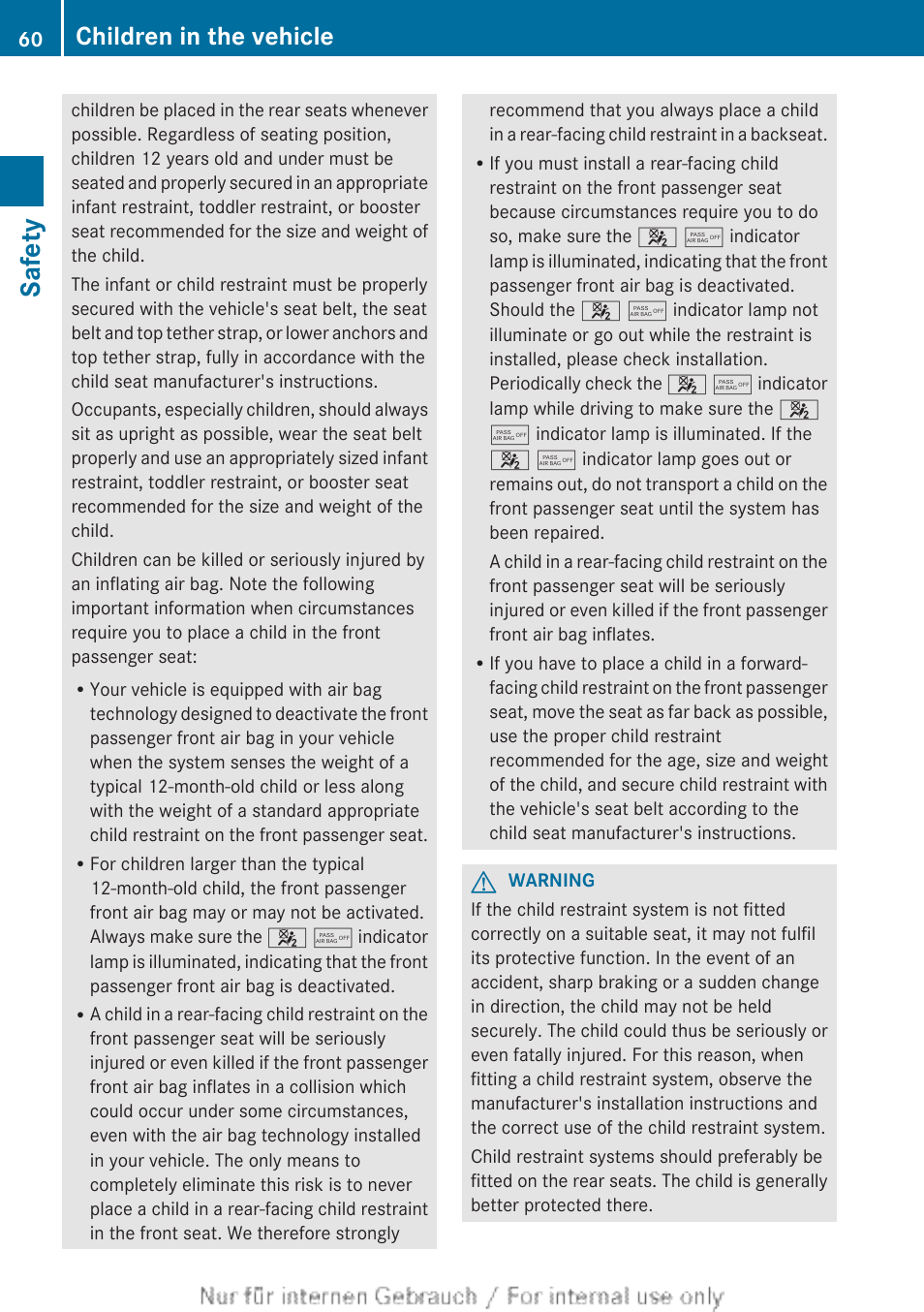 Safety, Children in the vehicle | Mercedes-Benz 2013 GL Class User Manual | Page 62 / 448