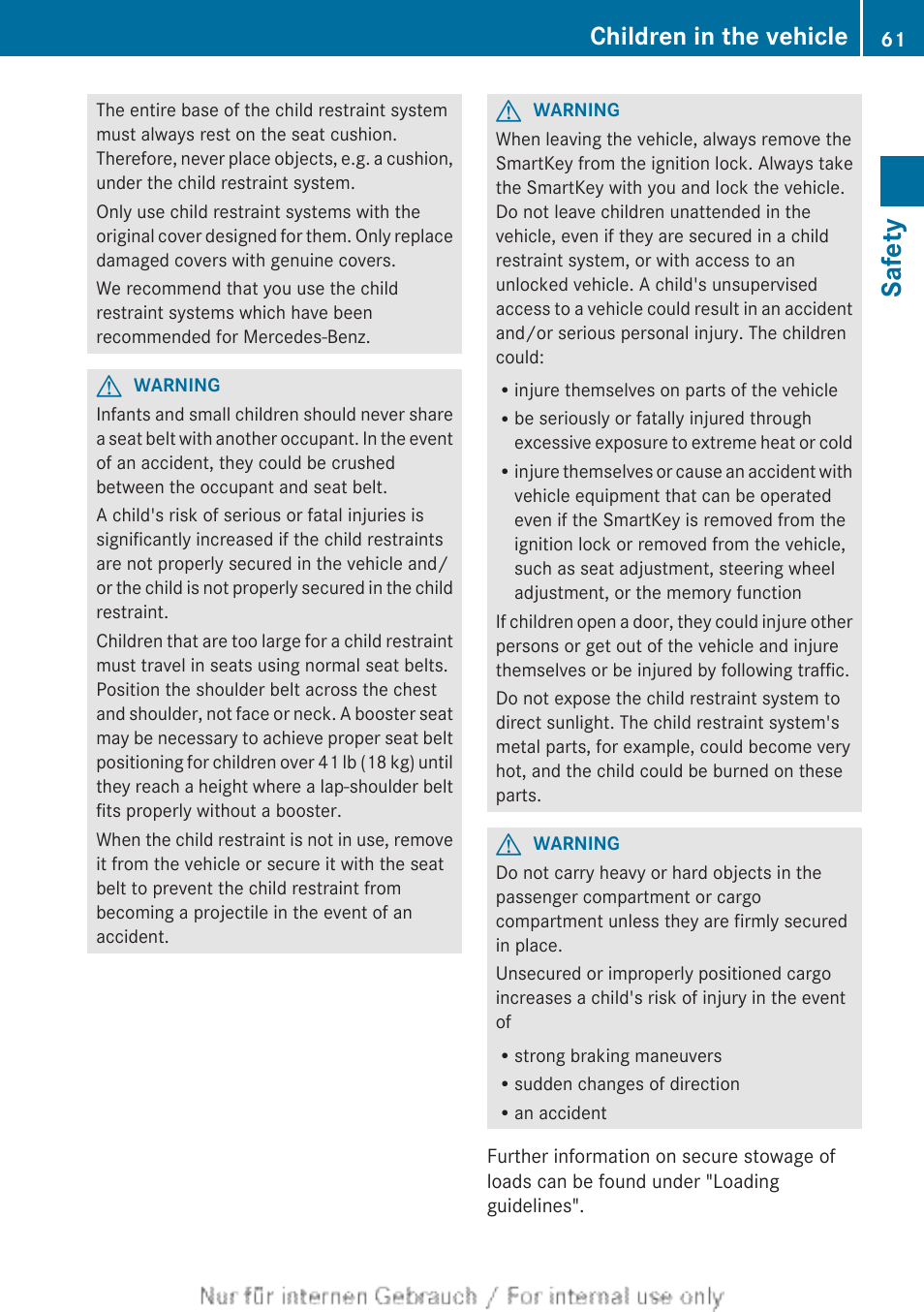 Safety, Children in the vehicle | Mercedes-Benz 2013 GL Class User Manual | Page 63 / 448