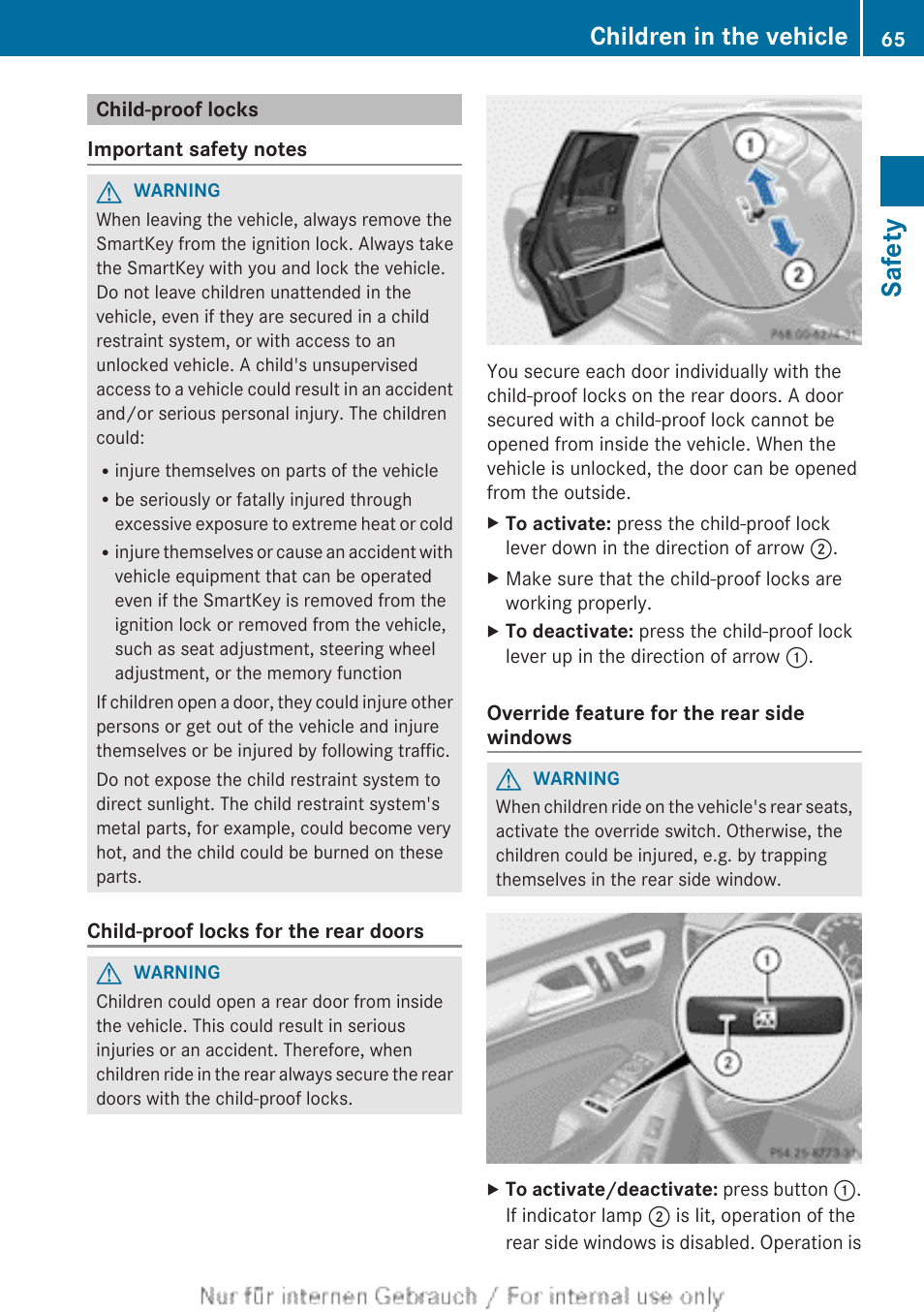 Child-proof locks, Safety, Children in the vehicle | Mercedes-Benz 2013 GL Class User Manual | Page 67 / 448