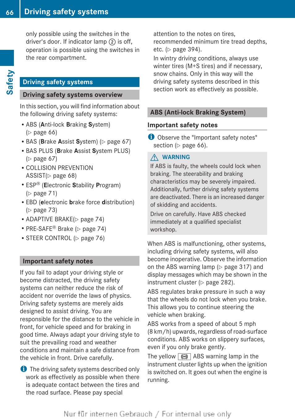 Driving safety systems, Driving safety systems overview, Important safety notes | Abs (anti-lock braking system), Safety | Mercedes-Benz 2013 GL Class User Manual | Page 68 / 448