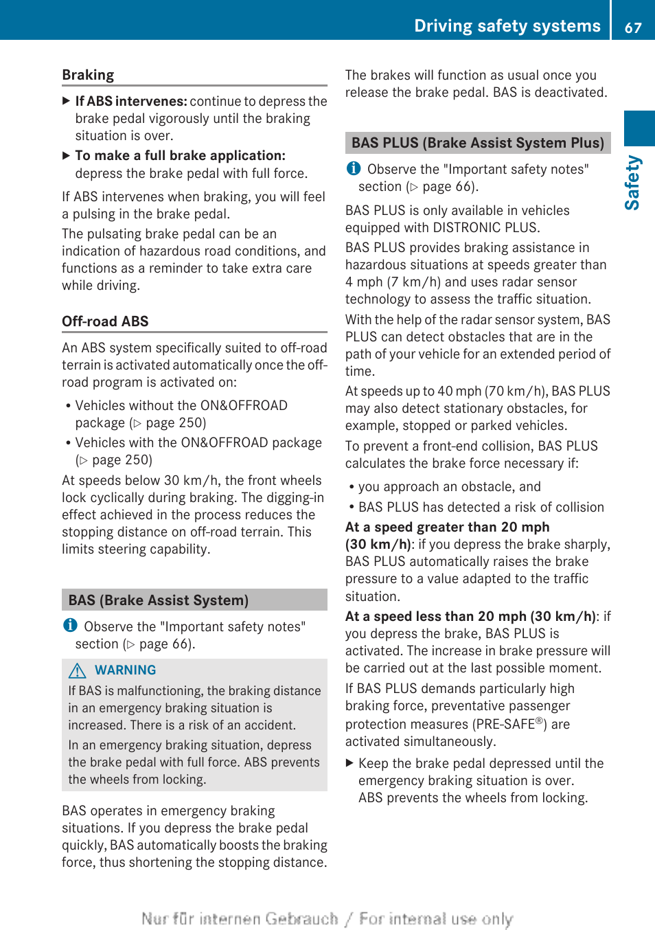 Bas (brake assist system), Bas plus (brake assist system plus), Ystem) | Safety, Driving safety systems | Mercedes-Benz 2013 GL Class User Manual | Page 69 / 448