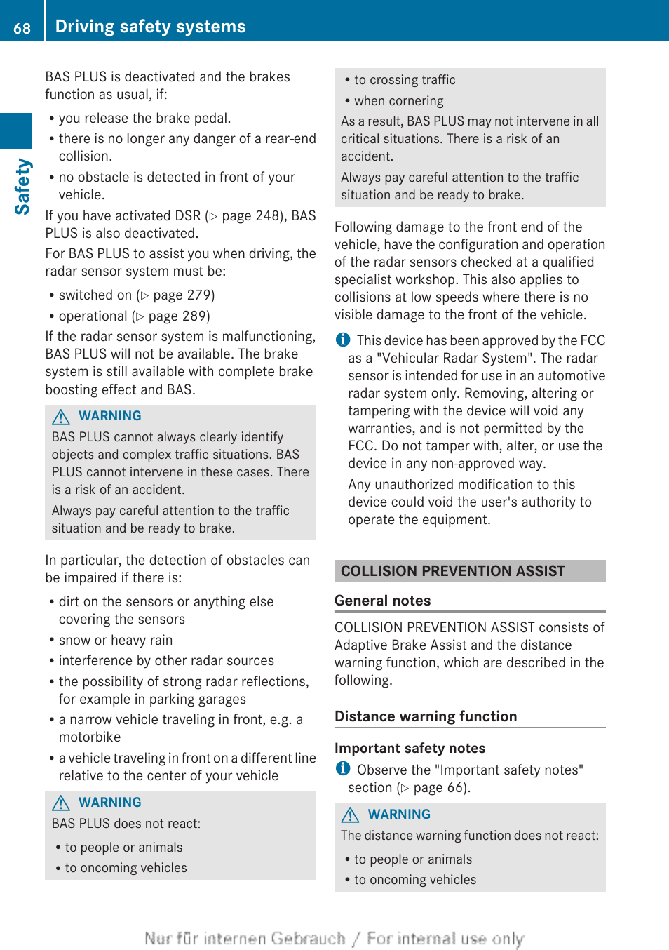 Collision prevention assist, Safety, Driving safety systems | Mercedes-Benz 2013 GL Class User Manual | Page 70 / 448