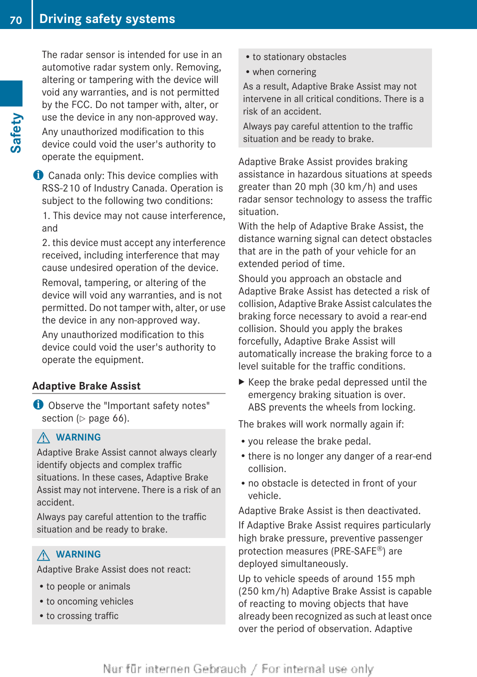 Safety, Driving safety systems | Mercedes-Benz 2013 GL Class User Manual | Page 72 / 448