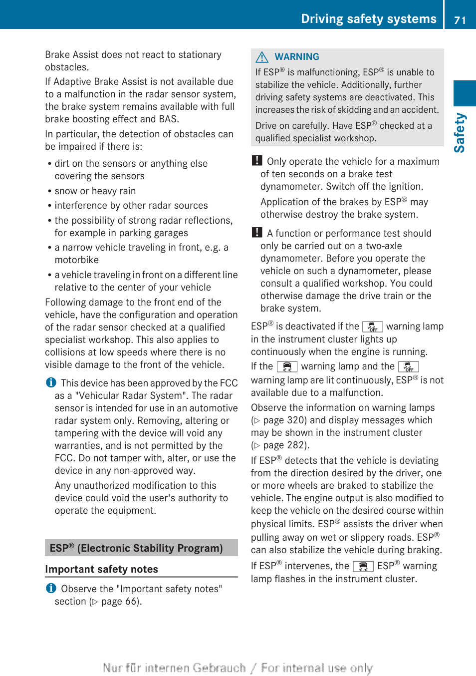 Esp® (electronic stability program), Safety, Driving safety systems | Mercedes-Benz 2013 GL Class User Manual | Page 73 / 448