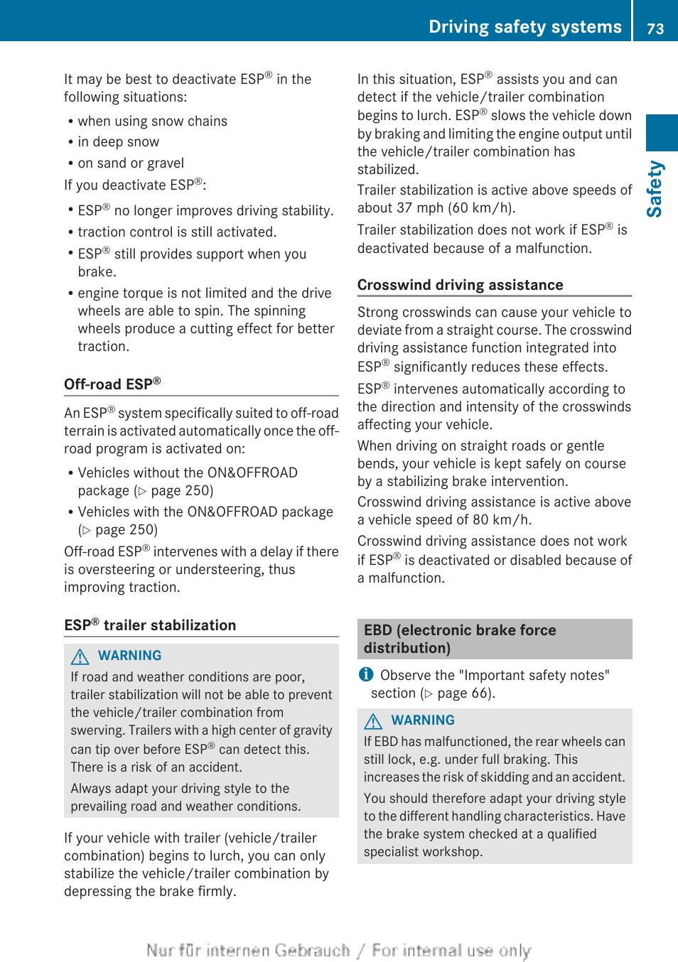 Ebd (electronic brake force distribution), Safety, Driving safety systems | Mercedes-Benz 2013 GL Class User Manual | Page 75 / 448