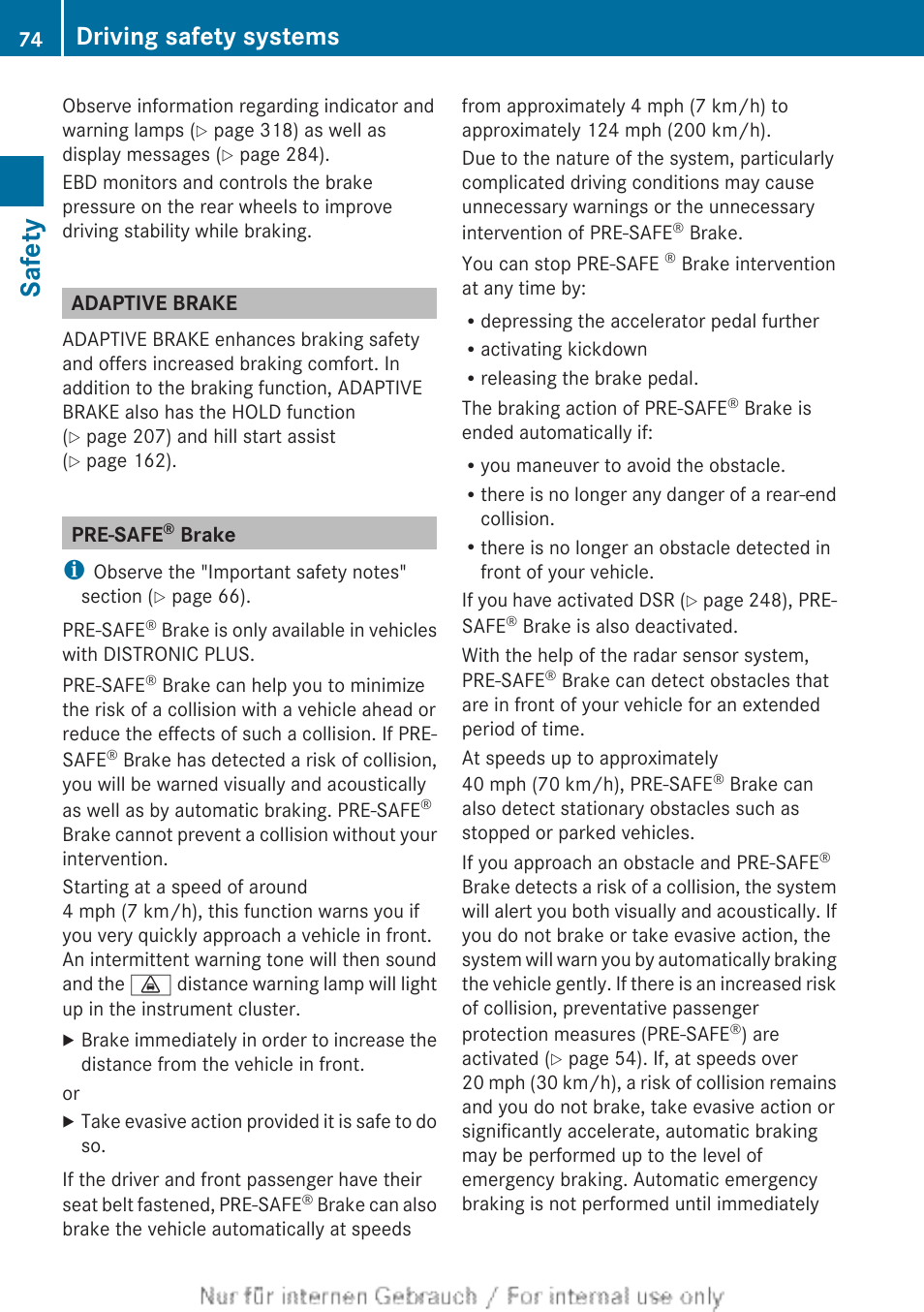 Adaptive brake, Pre-safe® brake, Brake | Safety, Driving safety systems | Mercedes-Benz 2013 GL Class User Manual | Page 76 / 448