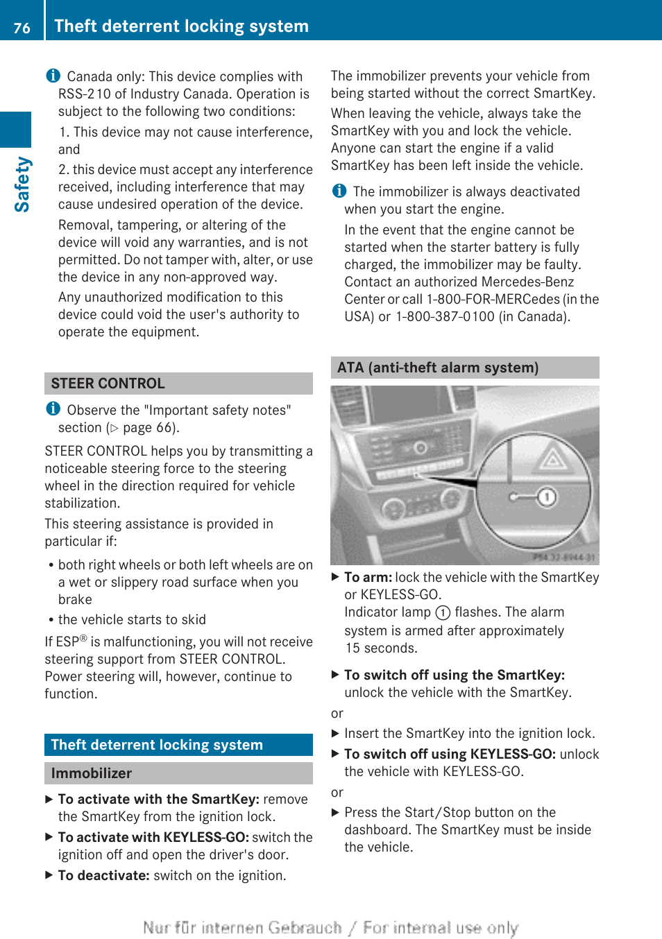 Steer control, Theft deterrent locking system, Immobilizer | Ata (anti-theft alarm system), Safety | Mercedes-Benz 2013 GL Class User Manual | Page 78 / 448