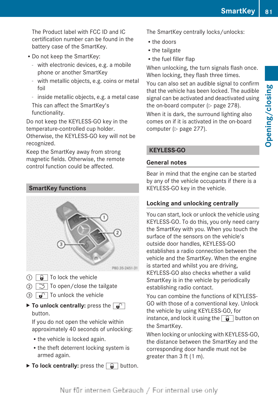 Smartkey functions, Keyless-go, Opening/closing | Smartkey | Mercedes-Benz 2013 GL Class User Manual | Page 83 / 448