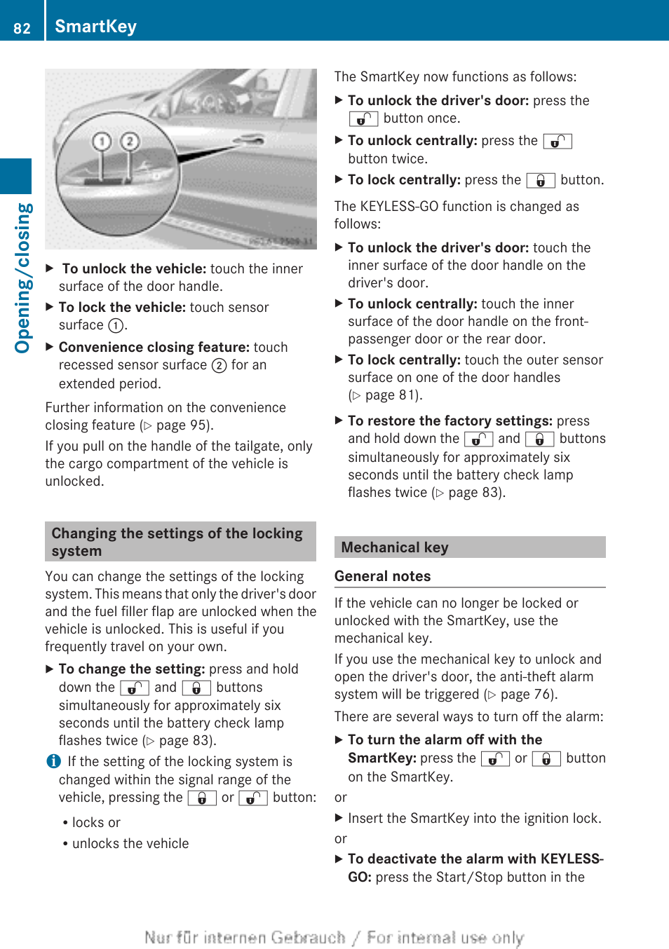 Changing the settings of the locking system, Mechanical key, Opening/closing | Smartkey | Mercedes-Benz 2013 GL Class User Manual | Page 84 / 448