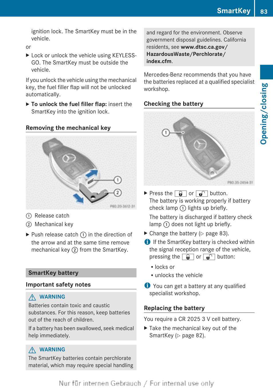 Smartkey battery, Flashes twice, Opening/closing | Smartkey | Mercedes-Benz 2013 GL Class User Manual | Page 85 / 448