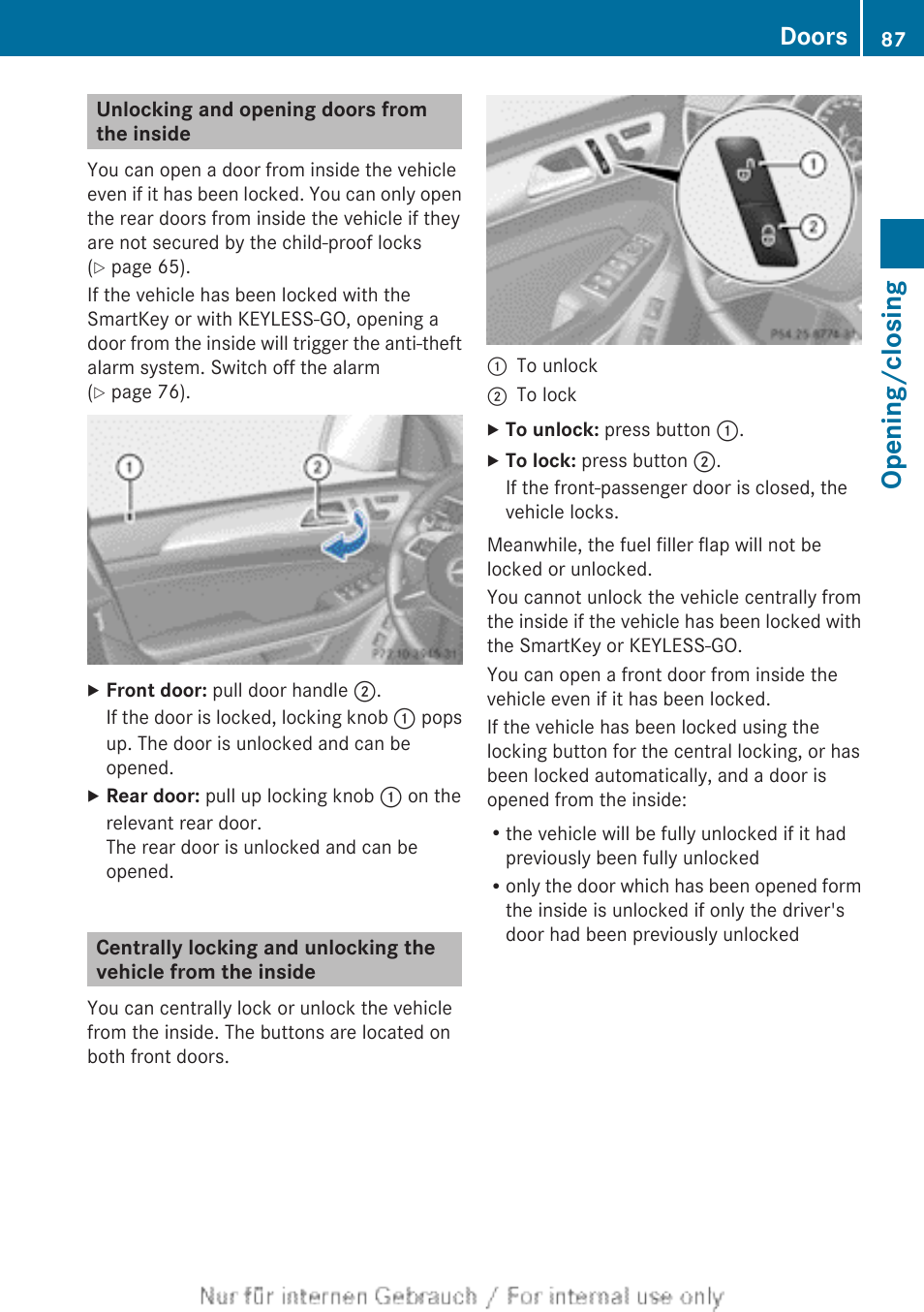 Unlocking and opening doors from the inside, Opening/closing, Doors | Mercedes-Benz 2013 GL Class User Manual | Page 89 / 448