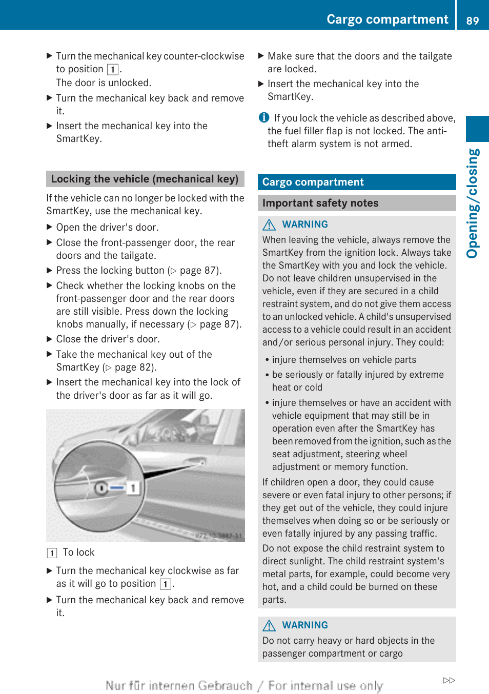 Locking the vehicle (mechanical key), Cargo compartment, Important safety notes | Opening/closing | Mercedes-Benz 2013 GL Class User Manual | Page 91 / 448