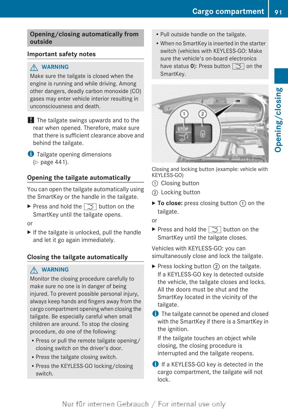 Opening/closing automatically from outside, Opening/closing, Cargo compartment | Mercedes-Benz 2013 GL Class User Manual | Page 93 / 448