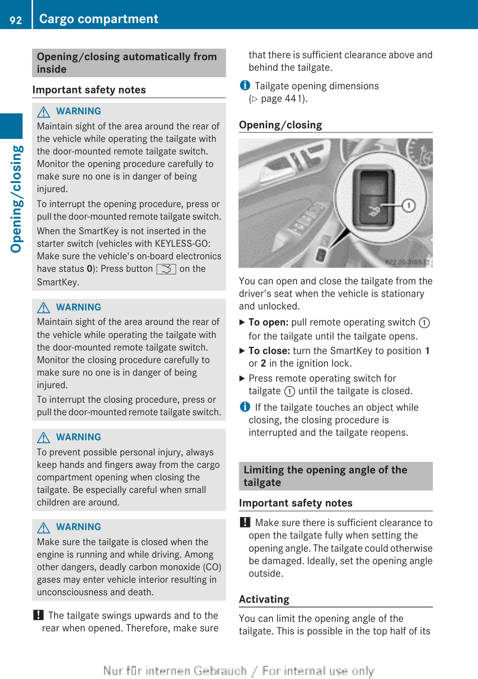 Opening/closing automatically from inside, Limiting the opening angle of the tailgate, Opening/closing | Cargo compartment | Mercedes-Benz 2013 GL Class User Manual | Page 94 / 448