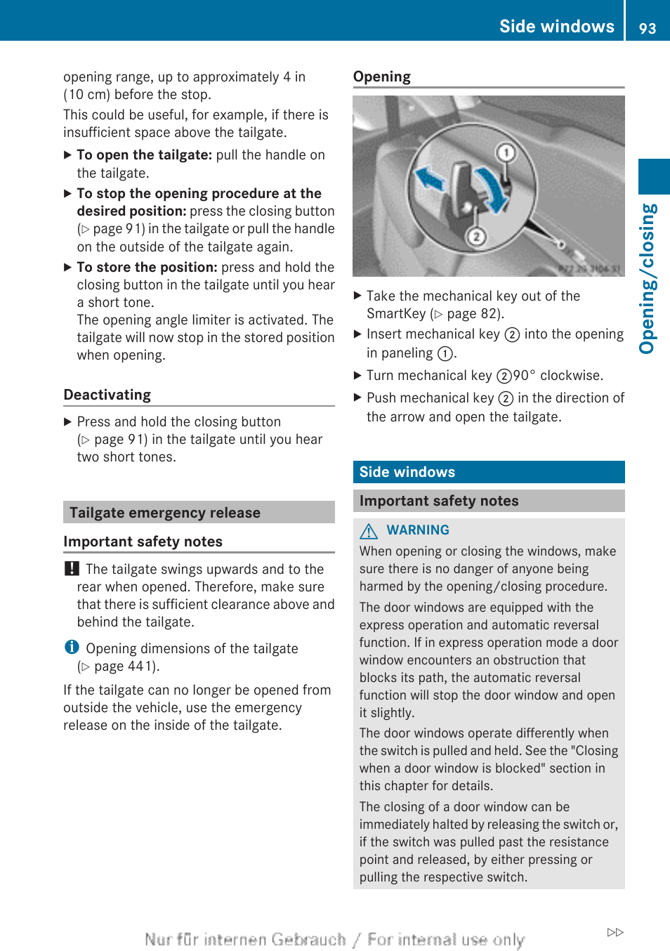 Tailgate emergency release, Side windows, Important safety notes | Opening/closing | Mercedes-Benz 2013 GL Class User Manual | Page 95 / 448