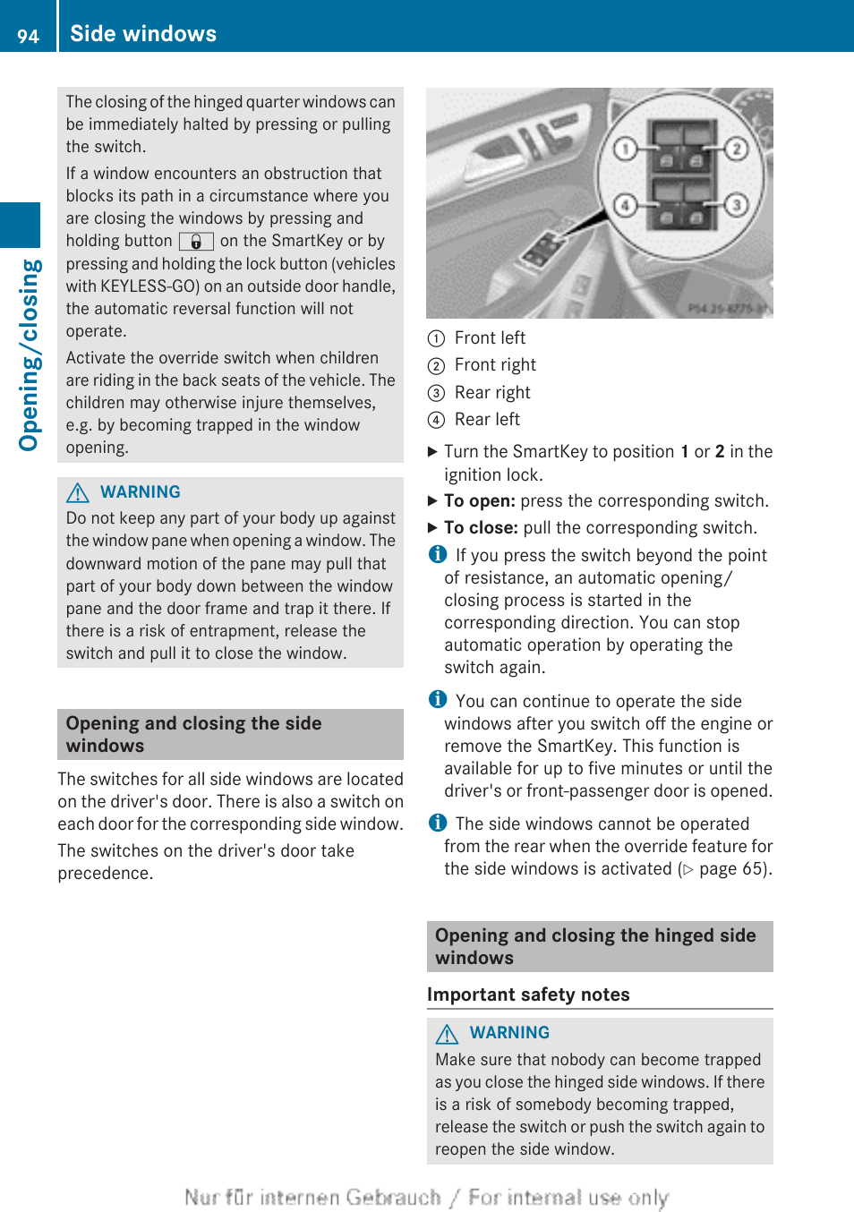 Opening and closing the side windows, Opening and closing the hinged side windows, Opening/closing | Side windows | Mercedes-Benz 2013 GL Class User Manual | Page 96 / 448