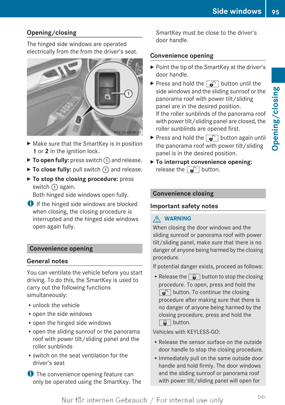 Convenience opening, Convenience closing, Closing feature | Opening/closing, Side windows | Mercedes-Benz 2013 GL Class User Manual | Page 97 / 448