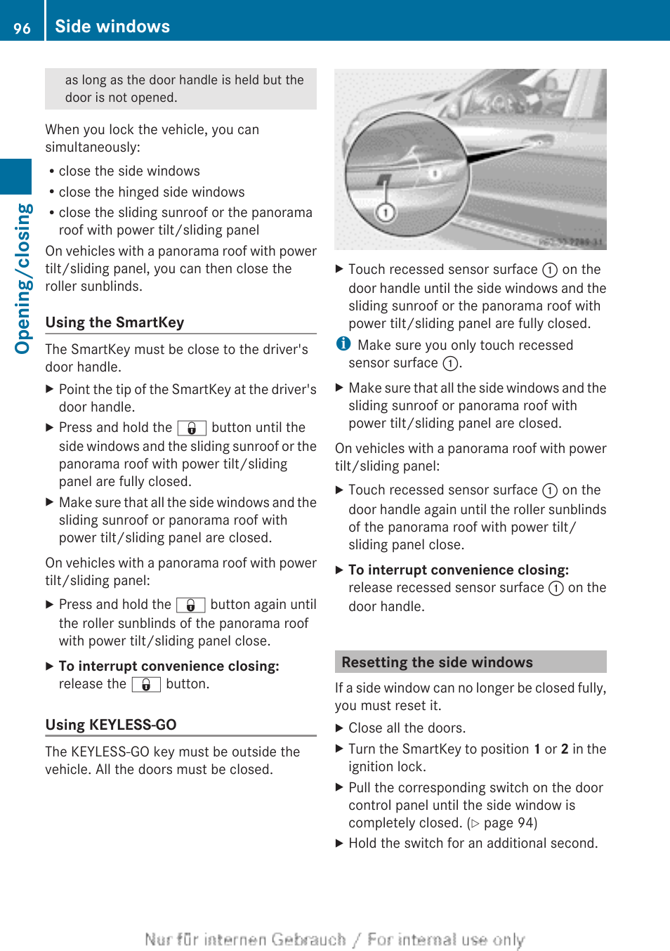 Resetting the side windows, Opening/closing, Side windows | Mercedes-Benz 2013 GL Class User Manual | Page 98 / 448