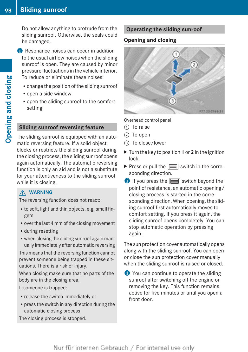 Sliding sunroof reversing feature, Operating the sliding sunroof, Opening and closing | Sliding sunroof | Mercedes-Benz 2013 GLS Class User Manual | Page 100 / 424