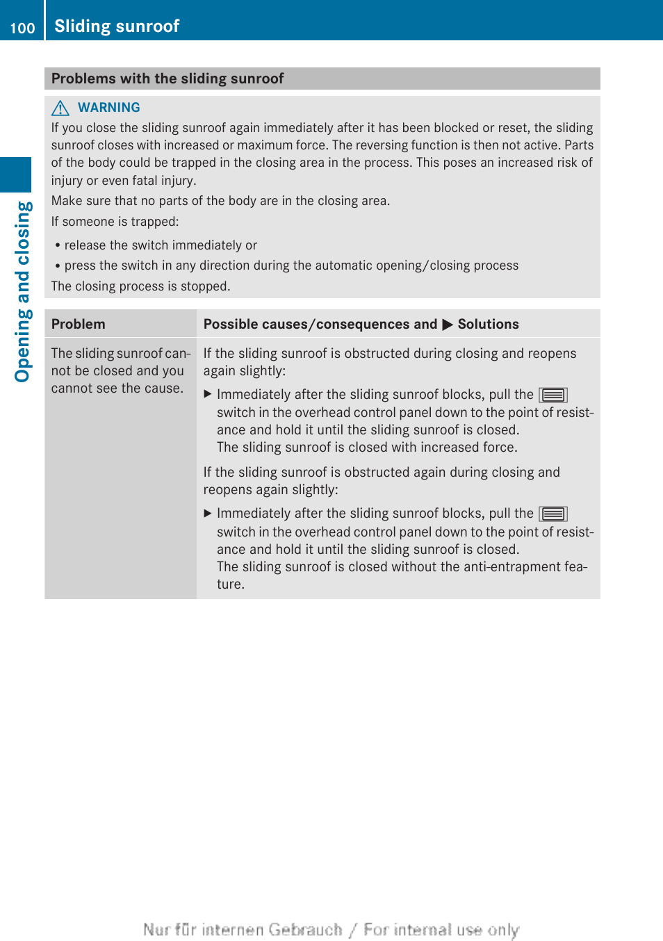 Problems with the sliding sunroof, Opening and closing, Sliding sunroof | Mercedes-Benz 2013 GLS Class User Manual | Page 102 / 424