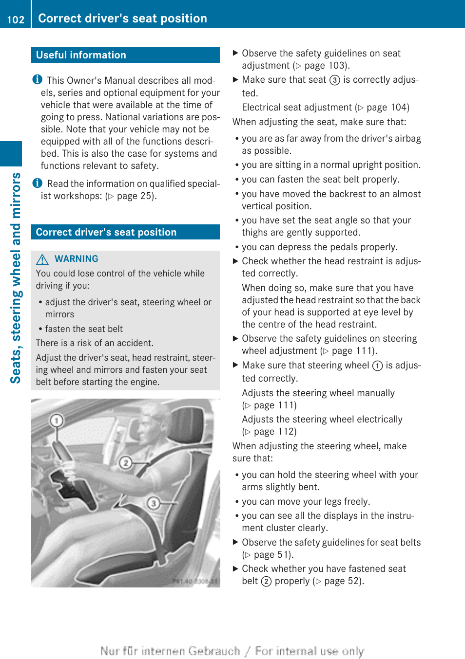 Seats, steering wheel and mirrors, Useful information, Correct driver's seat position | An almost vertical position, Useful information correct driver's seat position | Mercedes-Benz 2013 GLS Class User Manual | Page 104 / 424