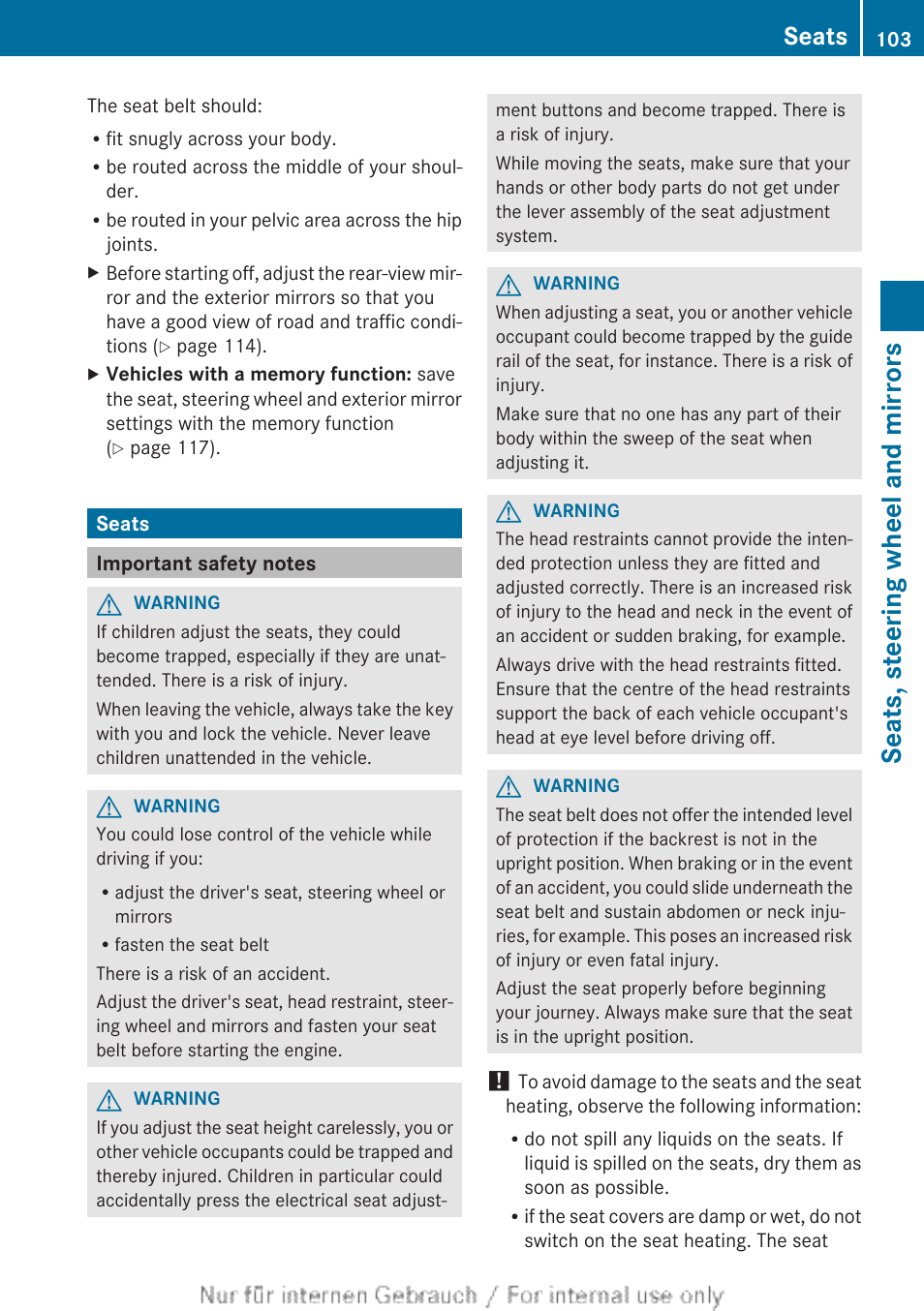 Seats, Important safety notes, Adjustment | Seats, steering wheel and mirrors | Mercedes-Benz 2013 GLS Class User Manual | Page 105 / 424